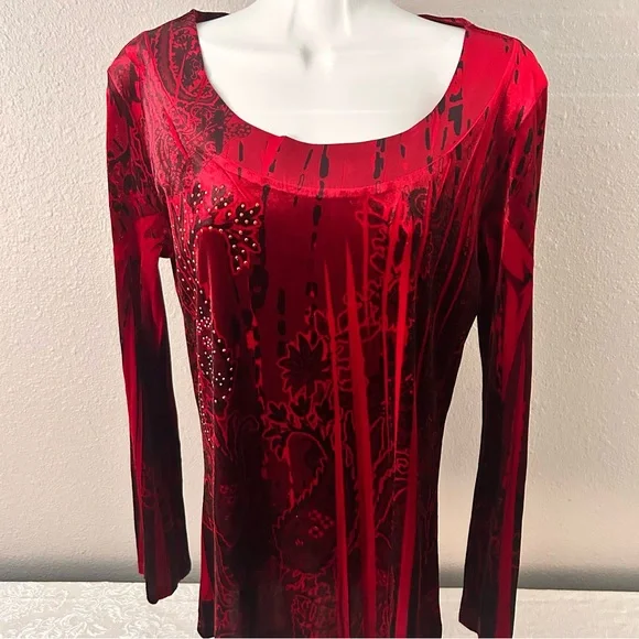 Carole Little Vibrant Red Patterned Vintage Holiday Y2K Velvet Beaded Blouse Top - Picture 1 of 7